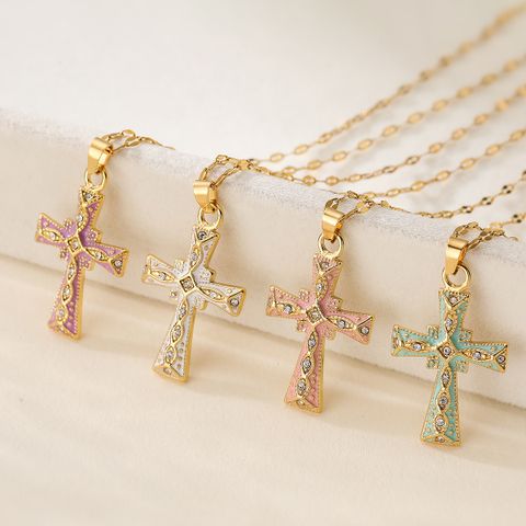 Copper 18K Gold Plated Classic Style Commute Enamel Plating Inlay Cross Zircon Pendant Necklace