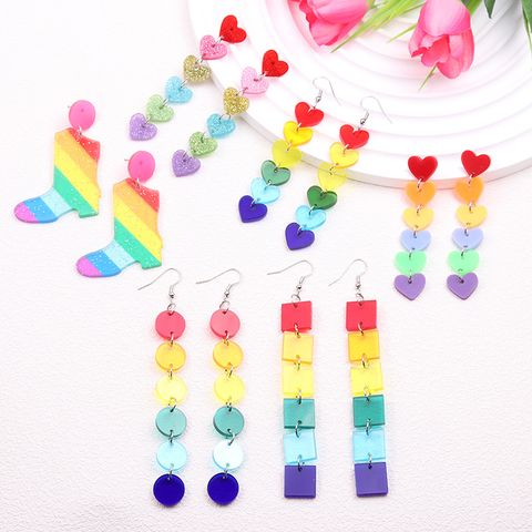 1 Pair Casual Simple Style Round Rainbow Heart Shape Arylic Drop Earrings