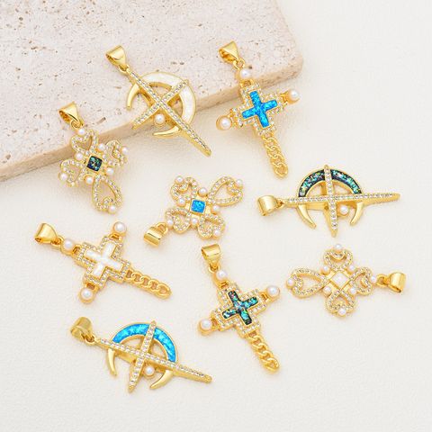1 Piece 18 * 31mm 19 * 25mm 22*31mm Copper Pearl Zircon 18K Gold Plated Cross Polished Pendant