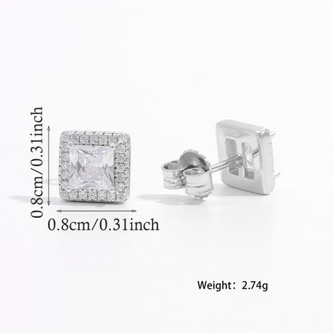 1 Pair Elegant Romantic Shiny Square Inlay Sterling Silver Zircon White Gold Plated Ear Studs