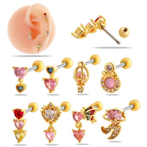 1 Piece Ear Cartilage Rings & Studs Simple Style Classic Style Heart Shape Butterfly Copper Inlay Zircon Ear Cartilage Rings & Studs
