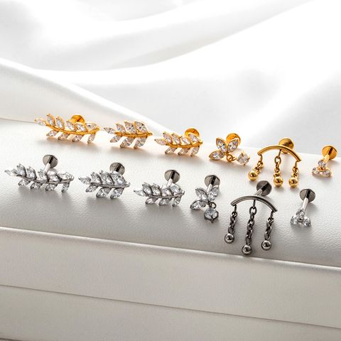 1 Piece Ear Cartilage Rings & Studs Simple Style Classic Style Leaves Chain Pure Titanium Inlay Zircon Ear Cartilage Rings & Studs