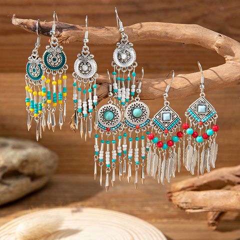 1 Pair Retro Bohemian Geometric Beaded Plating Inlay Alloy Turquoise Drop Earrings