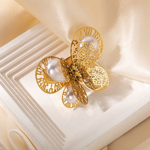 Élégant Style Vintage Dame Papillon Acier Inoxydable 304 Plaqué Or Perles Artificielles Anneau Ouvert En Masse