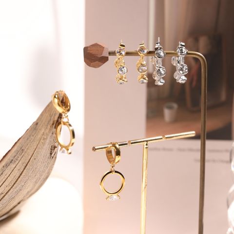 1 Pair Casual Elegant Geometric Asymmetrical Inlay 304 Stainless Steel Zircon 18K Gold Plated Drop Earrings Ear Studs