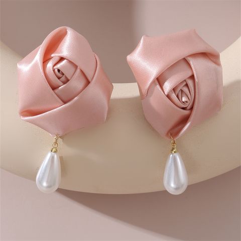 1 Pair Cute Lady Sweet Flower Artificial Pearl Cloth Ear Studs