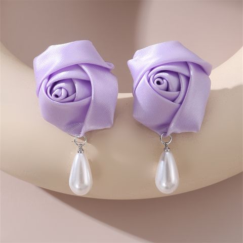 1 Pair Cute Lady Sweet Flower Artificial Pearl Cloth Ear Studs