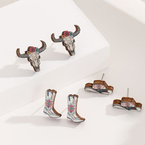 1 Set Modern Style Classic Style Cattle Boots Wood Ear Studs