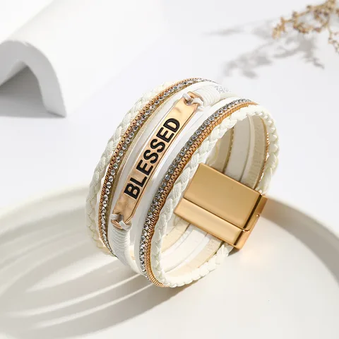 Basic Modern Style Letter Pu Leather Alloy Plating Inlay Rhinestones Women's Bangle