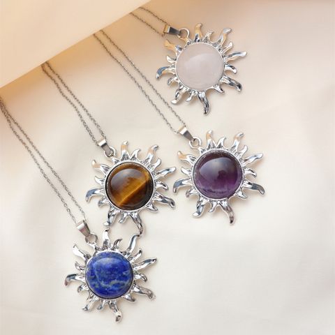 Wholesale Jewelry Simple Style Classic Style Sun Alloy Natural Stone Silver Plated Plating Inlay Pendant Necklace