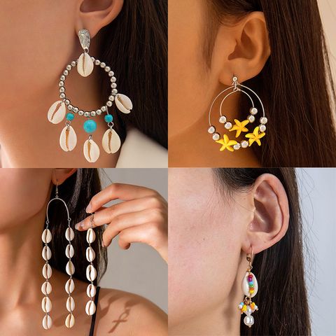 1 Set 1 Pair Hawaiian Ethnic Style Bohemian Geometric Star Shell Beaded Alloy Shell Drop Earrings