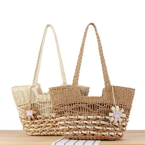 Women's Large Paper String Solid Color Vacation Beach Weave Zipper Straw Bag