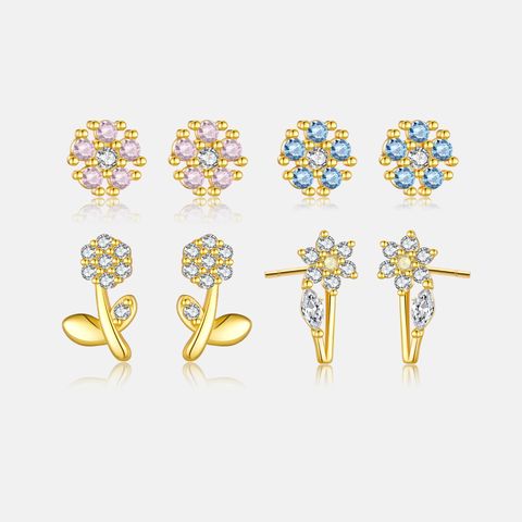 1 Pair IG Style Shiny Flower Plating Inlay Sterling Silver Zircon 18K Gold Plated Ear Studs