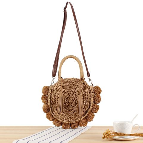 Women's Medium Paper String Solid Color Vacation Beach Weave Round Zipper Straw Bag
