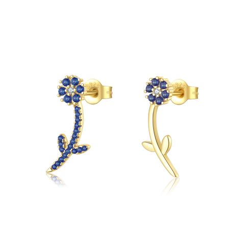 1 Pair Sweet Shiny Flower Inlay Sterling Silver Zircon 18K Gold Plated Ear Studs