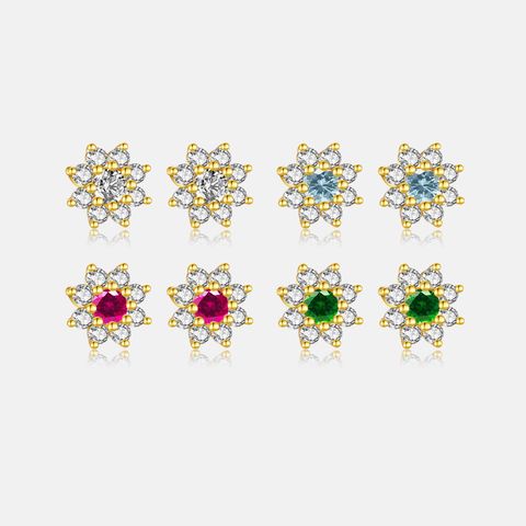 1 Pair Simple Style Shiny Flower Inlay Sterling Silver Zircon 18K Gold Plated Ear Studs