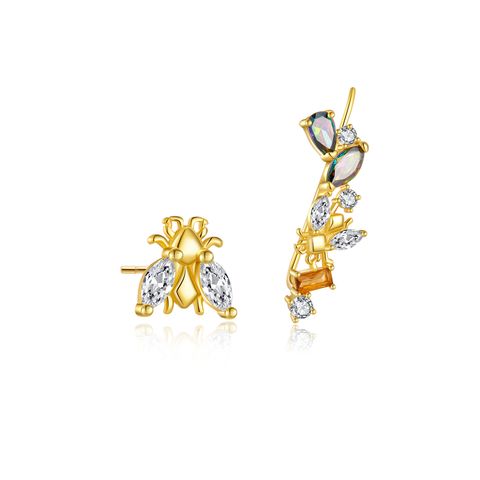 1 Pair Sweet Shiny Bee Asymmetrical Inlay Sterling Silver Zircon 18K Gold Plated Ear Studs