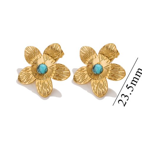 1 Pair Vintage Style Simple Style Flower Inlay 304 Stainless Steel Turquoise Ear Studs