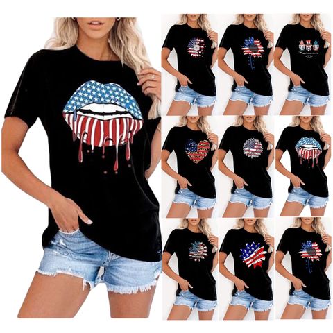 Women's T-shirt Short Sleeve T-Shirts Printing Patchwork Streetwear Mouth American Flag