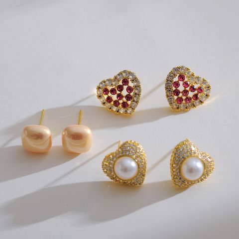 1 Pair Elegant Lady Heart Shape Inlay Copper Artificial Pearls Zircon Gold Plated Drop Earrings Ear Studs