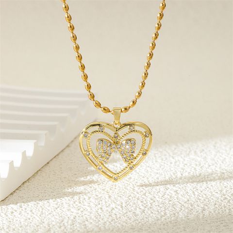Ferroalloy (201 Stainless Steel) Brass 18K Gold Plated Simple Style Classic Style Plating Inlay Heart Shape Zircon Pendant Necklace