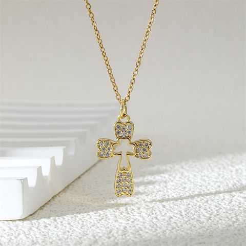 Ferroalloy (201 Stainless Steel) Brass 18K Gold Plated Simple Style Classic Style Plating Inlay Cross Zircon Pendant Necklace