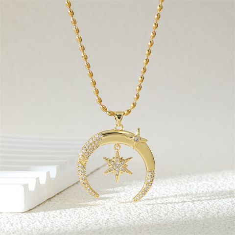 Ferroalloy (201 Stainless Steel) Brass 18K Gold Plated Simple Style Classic Style Plating Inlay Moon Zircon Pendant Necklace