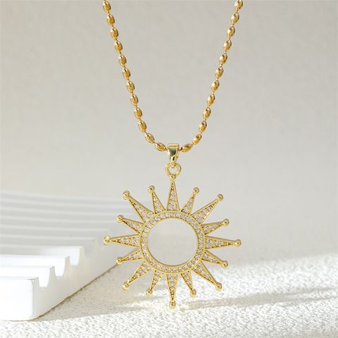 Ferroalloy (201 Stainless Steel) Brass 18K Gold Plated Simple Style Classic Style Plating Inlay Sun Zircon Pendant Necklace