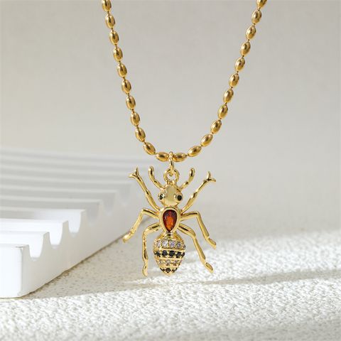 Ferroalloy (201 Stainless Steel) Brass 18K Gold Plated Simple Style Classic Style Enamel Plating Inlay Ants Zircon Pendant Necklace