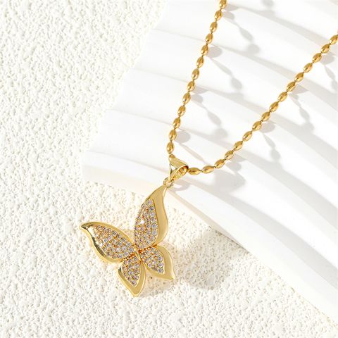 Ferroalloy (201 Stainless Steel) Brass 18K Gold Plated Simple Style Classic Style Plating Inlay Butterfly Zircon Pendant Necklace