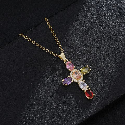 Fashion Cross Copper 18k Gold Plated Zircon Pendant Necklace In Bulk