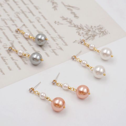 1 Pair Vintage Style Simple Style Classic Style Round Handmade Inlay 304 Stainless Steel Imitation Pearl Copper Zircon Gold Plated Drop Earrings