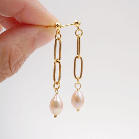 1 Pair Casual Vintage Style Simple Style Geometric Handmade Freshwater Pearl Titanium Steel Gold Plated Drop Earrings
