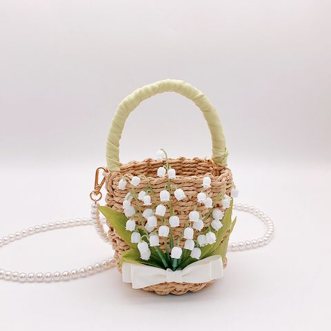 Women's Small Straw Flower Bow Knot Vacation Beach Weave Open Straw Bag