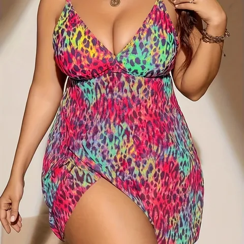 Women's Leopard 2 Pieces Set Plus Size Swimwear Swimwear