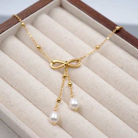 304 Stainless Steel Freshwater Pearl Gold Plated Casual Vintage Style Simple Style Infinity Bow Knot Pendant Necklace