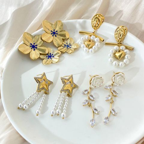 1 Pair Lady Sweet Korean Style Star Heart Shape Flower Tassel Inlay 304 Stainless Steel Artificial Pearls Rhinestones 14K Gold Plated Drop Earrings