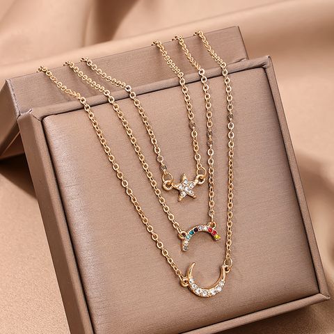 Wholesale Jewelry Simple Style Star Moon Alloy Rhinestones Inlay Three Layer Necklace