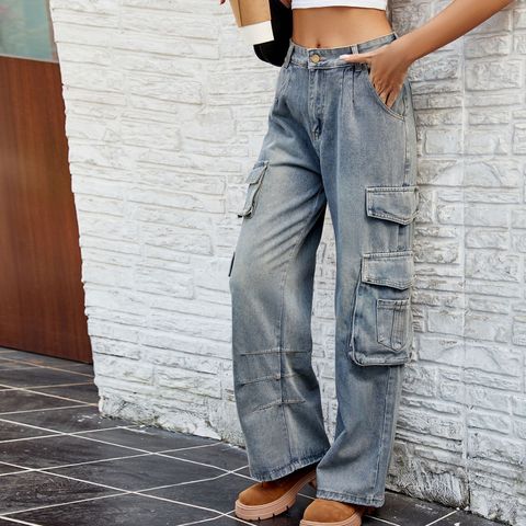 Women's Holiday Daily Streetwear Solid Color Full Length Distressed Cargo Pants Jeans
