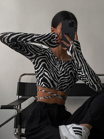 Women's Wrap Crop Top Long Sleeve T-Shirts Patchwork Streetwear Zebra