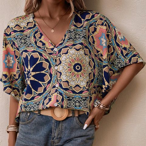 Women's Blouse 3/4 Length Sleeve Blouses Printing Vacation Ethnic Style Geometric