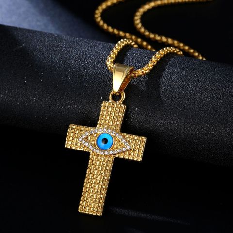 European And American Cross-Border Popular Hip Hop Hiphop Jewelry Titanium Steel Gold-Plated Diamond-Embedded Evil Eye Cross Pendant Necklace