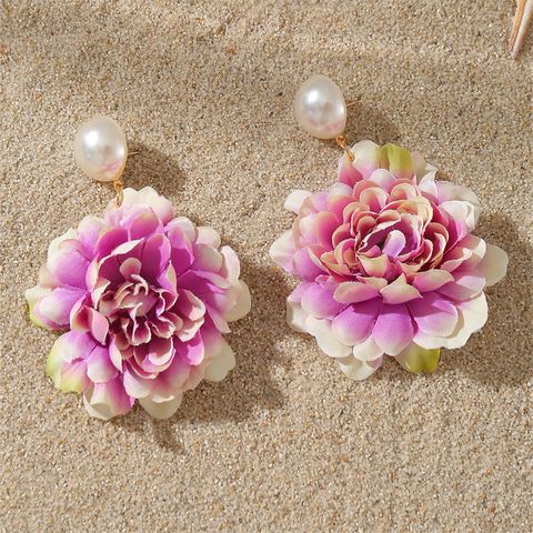 1 Pair Sweet Simple Style Flower Pearl Cloth Drop Earrings