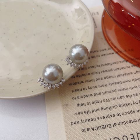 1 Pair Simple Style Round Inlay Sterling Silver Pearl Ear Studs