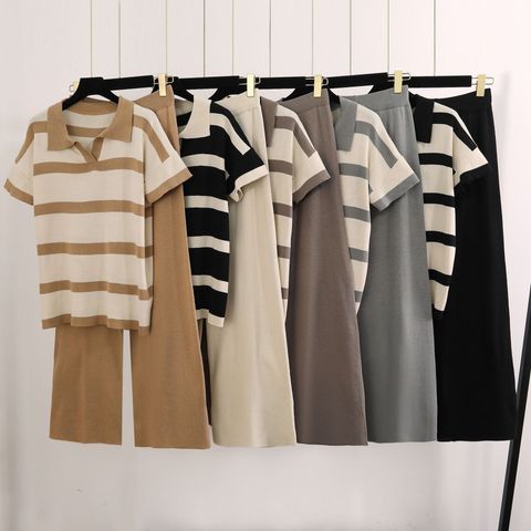 Täglich Frau Vintage-Stil Streifen Polyester Kontrastbindung Hosen-Sets Hosen-Sets