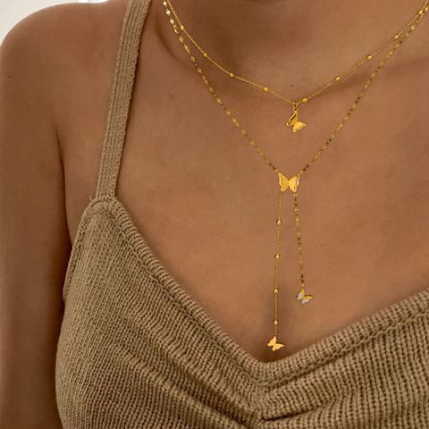 304 Stainless Steel 18K Gold Plated Elegant Lady Streetwear Plating Inlay Butterfly Zircon Double Layer Necklaces Pendant Necklace