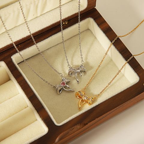 304 Stainless Steel Copper 18K Gold Plated Casual Simple Style Inlay Bow Knot Zircon Pendant Necklace
