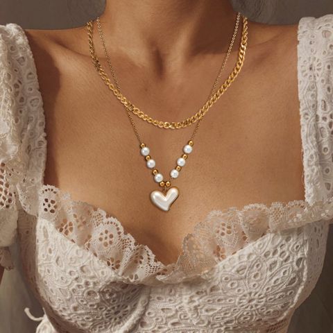 304 Stainless Steel 18K Gold Plated Elegant Streetwear Plating Inlay Heart Shape Imitation Pearl Double Layer Necklaces Pendant Necklace