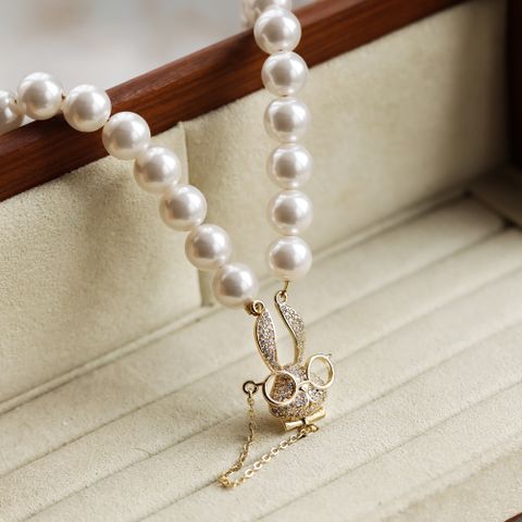 Wholesale Jewelry Elegant Cute Rabbit Artificial Pearl Copper Zircon Beaded Chain Inlay Pendant Necklace