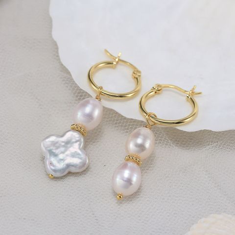 1 Pair Baroque Style Sweet Simple Style Geometric Asymmetrical Plating Freshwater Pearl Sterling Silver Drop Earrings